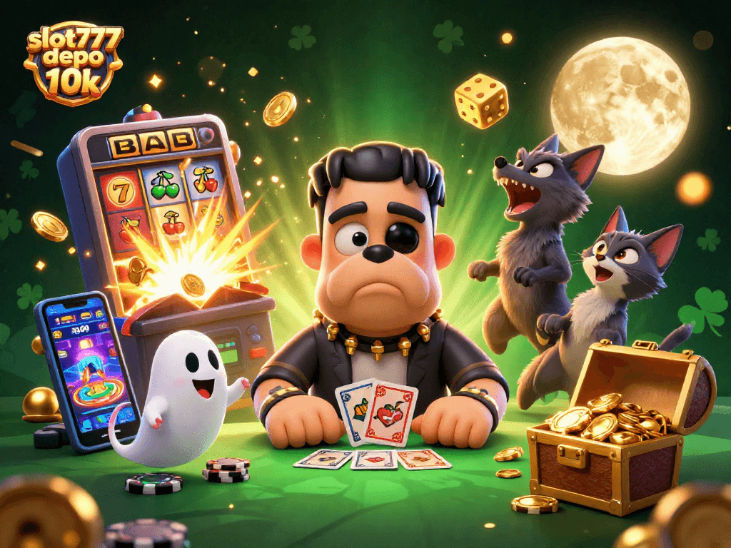 Experience the thrill of slot777 depo 10k with this vibrant casino scene featuring cartoon monsters and a jackpot!