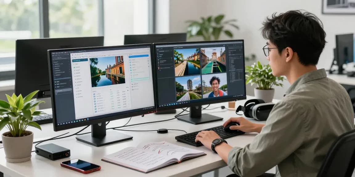 AI image detector interface displayed on computer screens with a data scientist analyzing image authenticity.