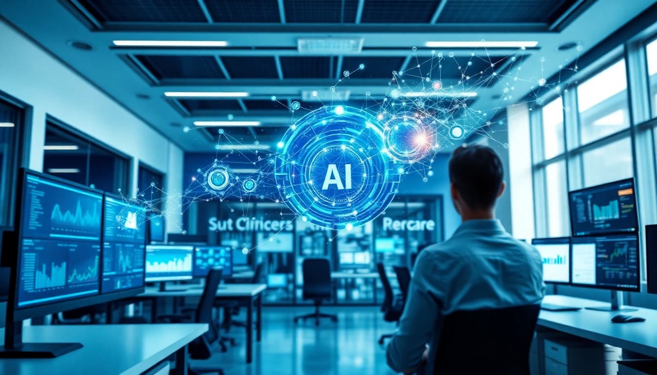 Visualize AI claims processing with advanced analytics in a modern office, showcasing human and machine collaboration.