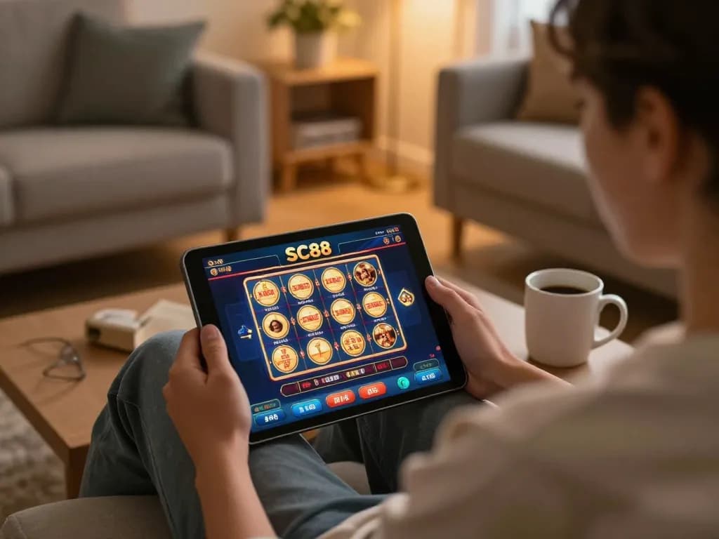 Engaging with SC88 online casino interface while enjoying a cozy gaming night at home