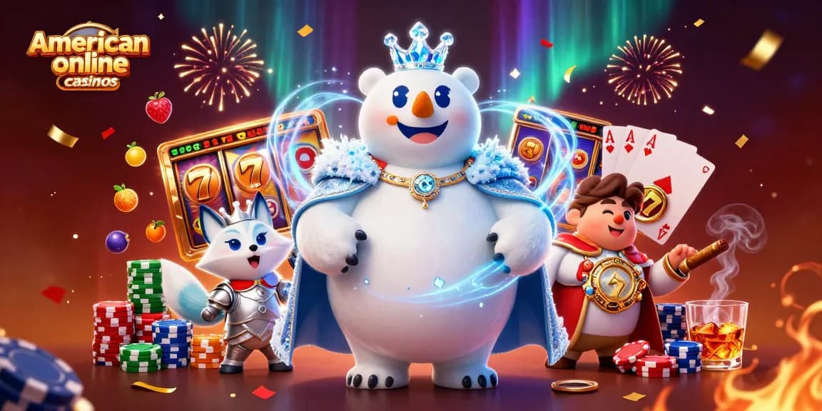 Engage with the thrill of american online casinos featuring a playful polar bear and fox at a festive table.