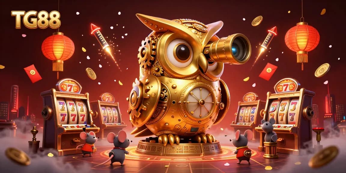 Experience the vibrant atmosphere of TG88 with a golden owl and lively slot machines.