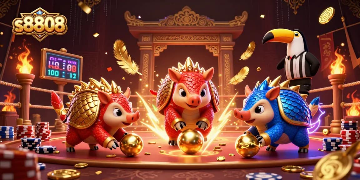 S8808 pangolins compete in a dynamic casino scene amid poker chips and golden elements.