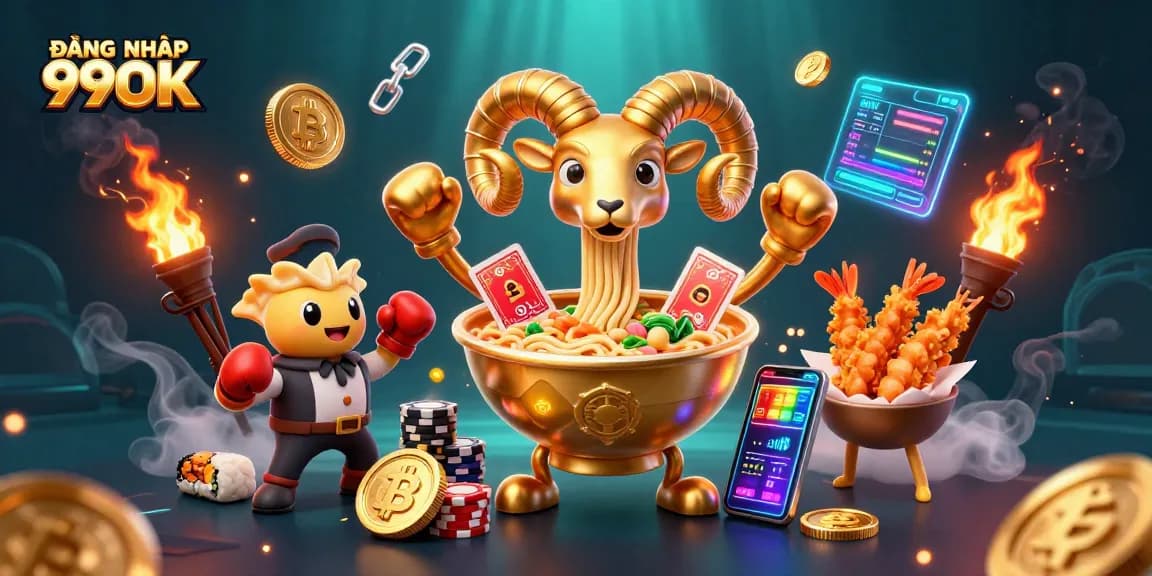 Experience excitement at ĐĂNG NHẬP 99OK with giant ramen bowl character and dynamic casino elements.