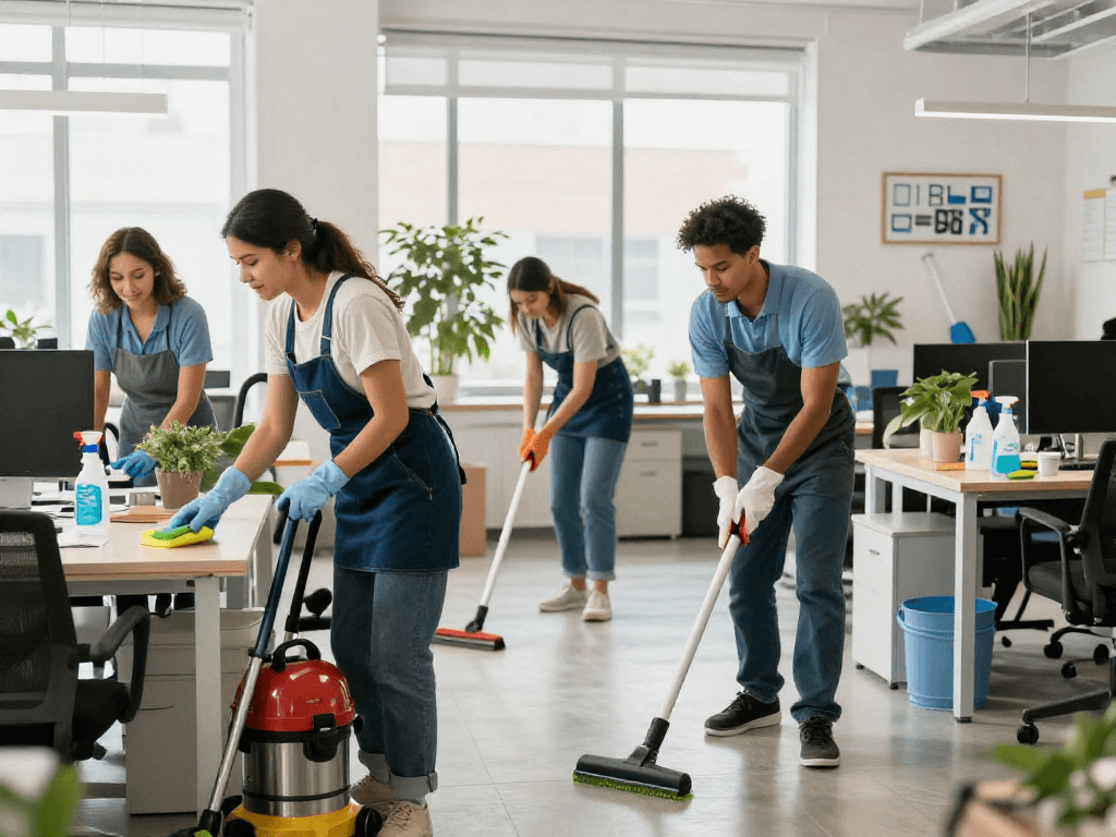 Unterhaltsreinigung Dortmund durch ein engagiertes Reinigungsteam in einem modernen Büro, das gründlich mit umweltfreundlichen Reinigungsmitteln arbeitet.