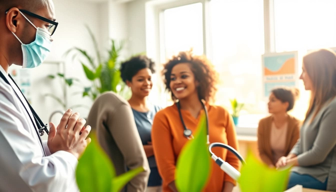 Health professionals engaging with diverse patients in a warm clinic environment.