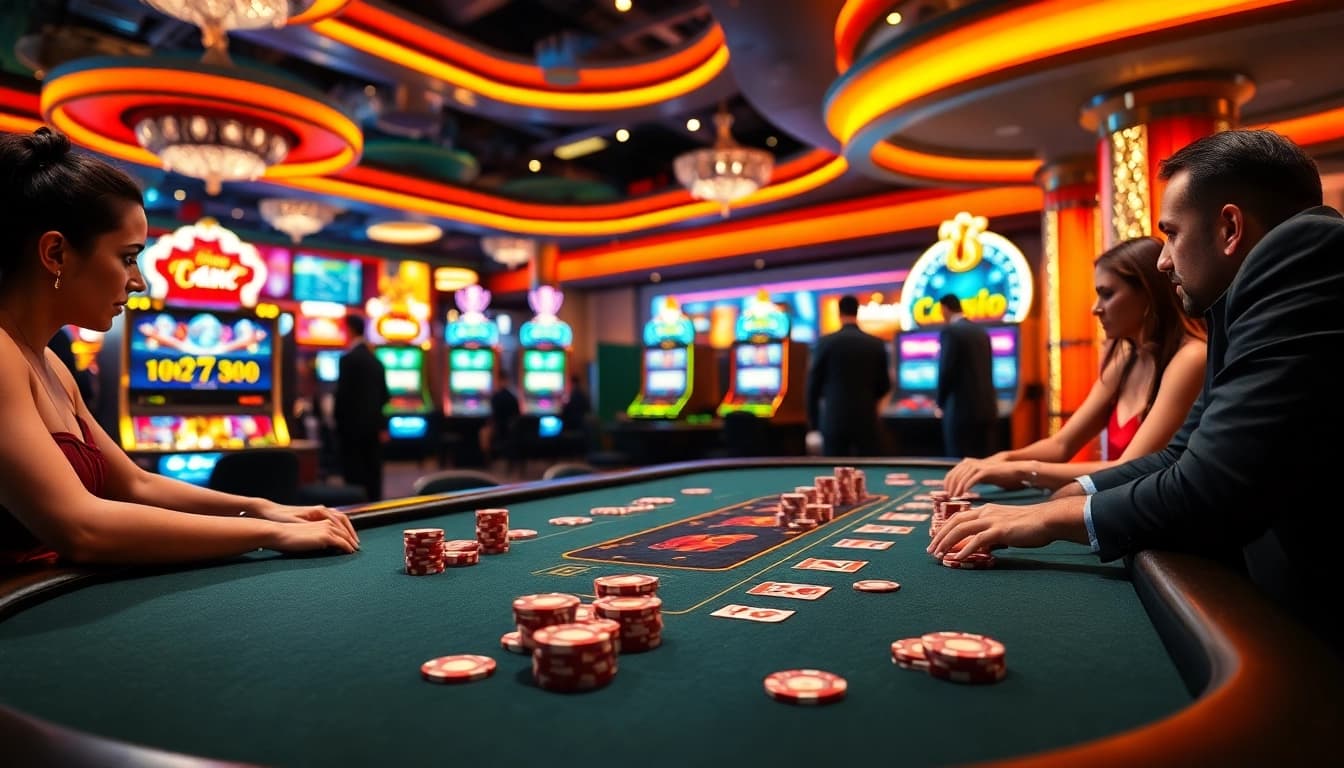 Spannende Spieler warten auf den Gewinn bei casino online spiele an einem eleganten Pokertisch.