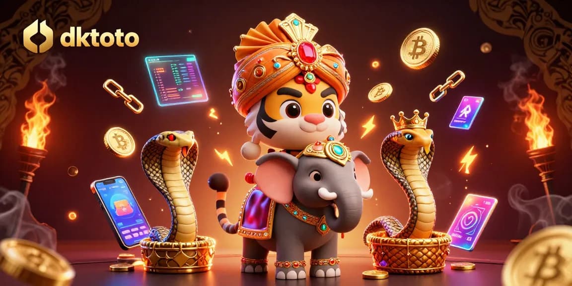 Play dktoto with a vibrant 3D depiction of a maharaja, elephant, and cobra amidst casino elements.