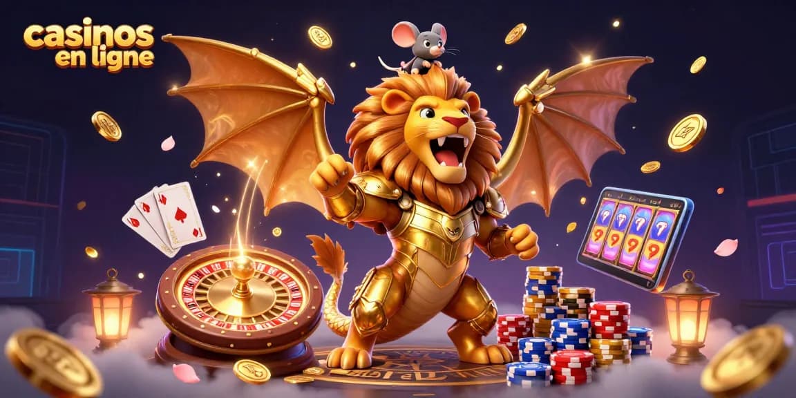 Découvrez les casinos en ligne avec cette illustration captivante illustrant une chimère triomphante.