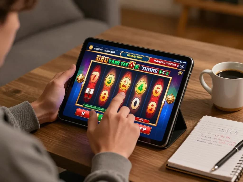 Player enjoying situs gacor slot games on a tablet in a cozy home setting, showcasing vibrant graphics.