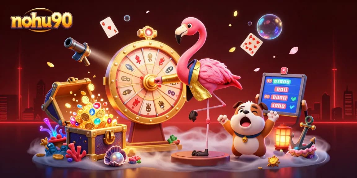 Nohu90 showcases a vibrant 3D casino scene with a flamingo game show host, bulldog contestant, and prize reveals amidst thrilling gaming elements.