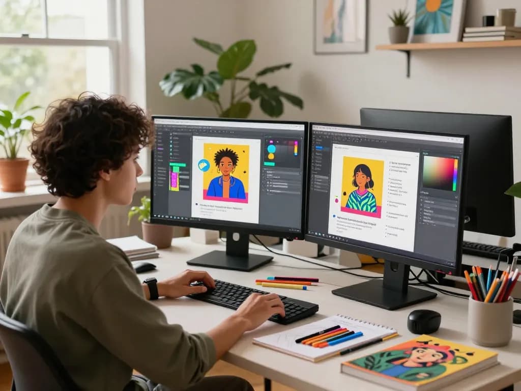 A graphic designer generating image to prompt in a vibrant workspace filled with art supplies and natural light.