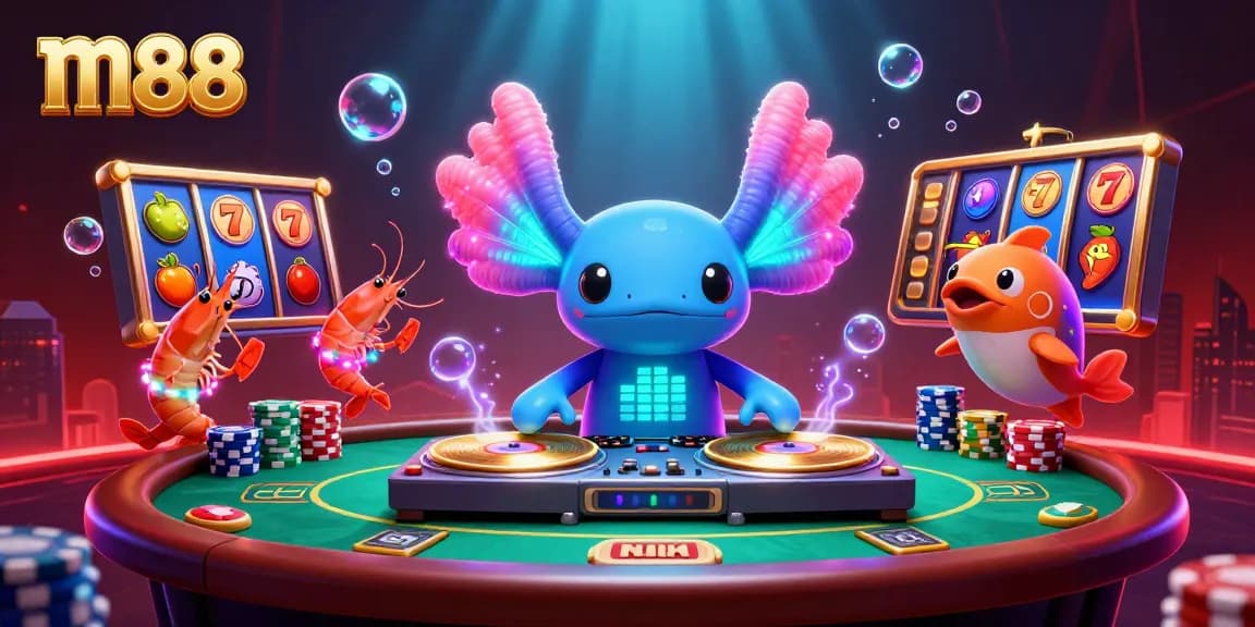 Experience the vibrant m88 casino atmosphere with a lively DJ axolotl and engaging slot reels.