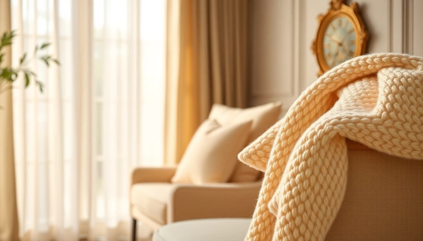 Bekijk de stijlvolle boucle stof met luxe textuur op een gezellige stoel in een warme kamer.