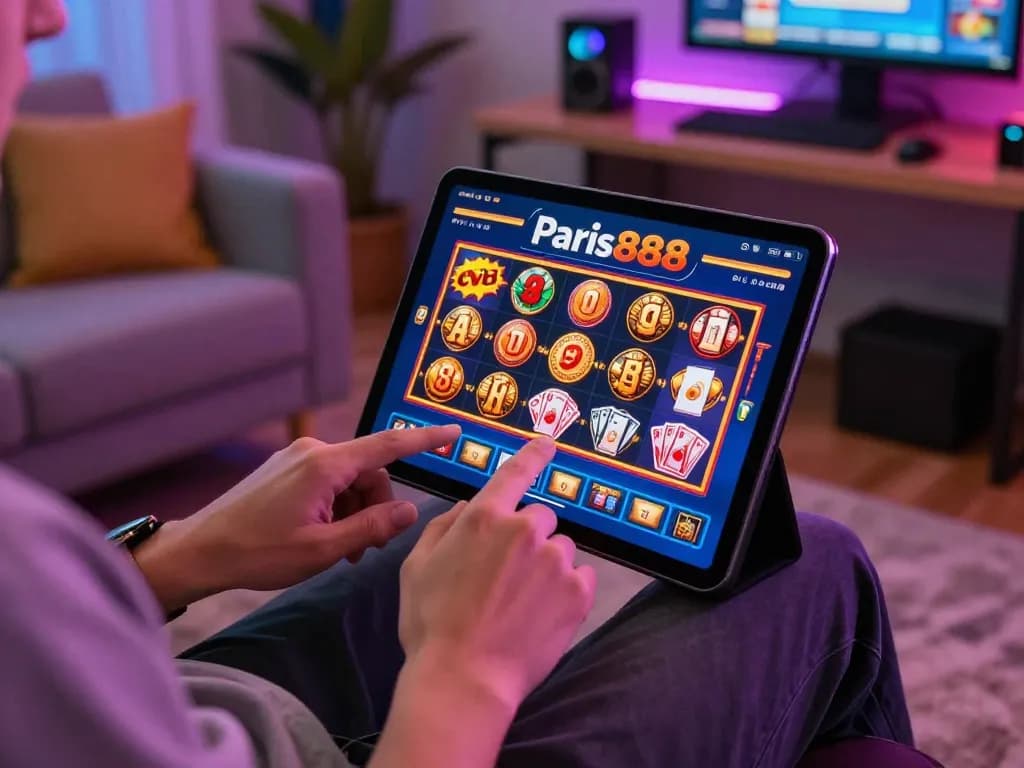 Pemain yang terlibat menikmati permainan kasino online paris888 di tablet mereka dalam suasana rumah yang nyaman.