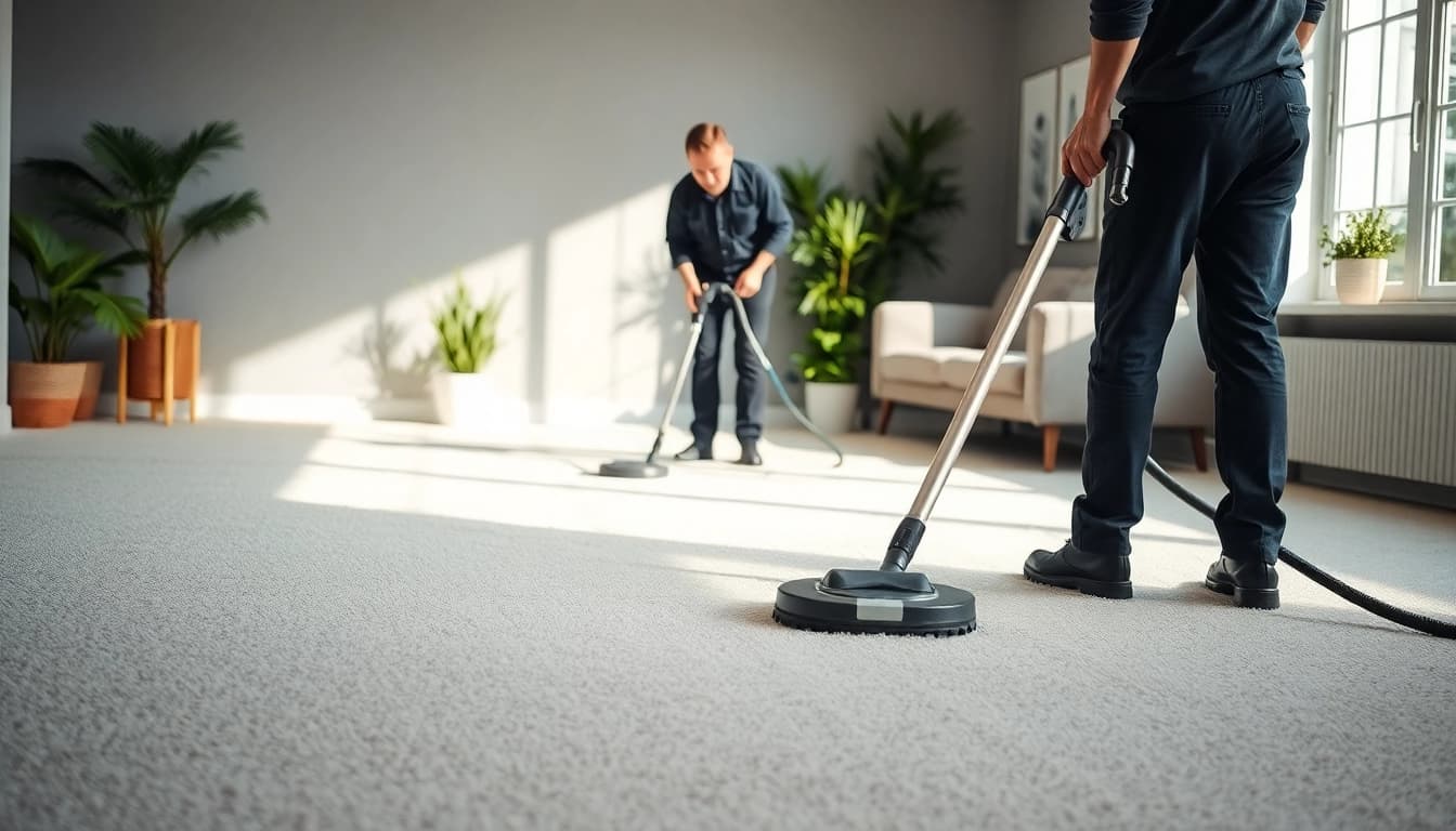 Technician enhancing a carpet cleaning business with professional tools in a bright room.