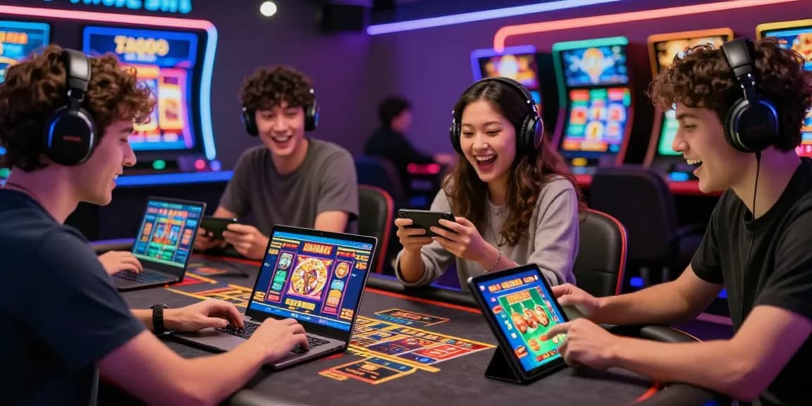 Dynamic atmosphere of credit card casinos with diverse players enjoying online gaming experiences and promotions.