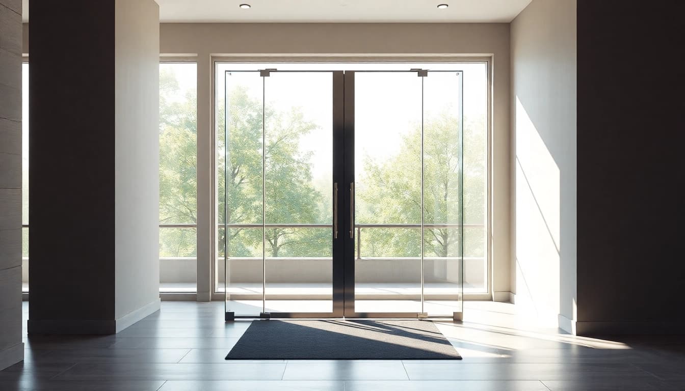 Elegant single leaf double swing door featured in a bright, modern lobby setting.
