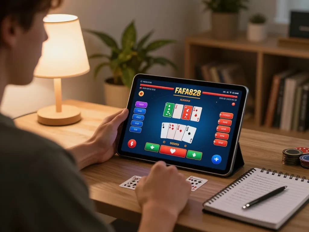 Player enjoying FAFA828 online poker game on tablet in a cozy home environment