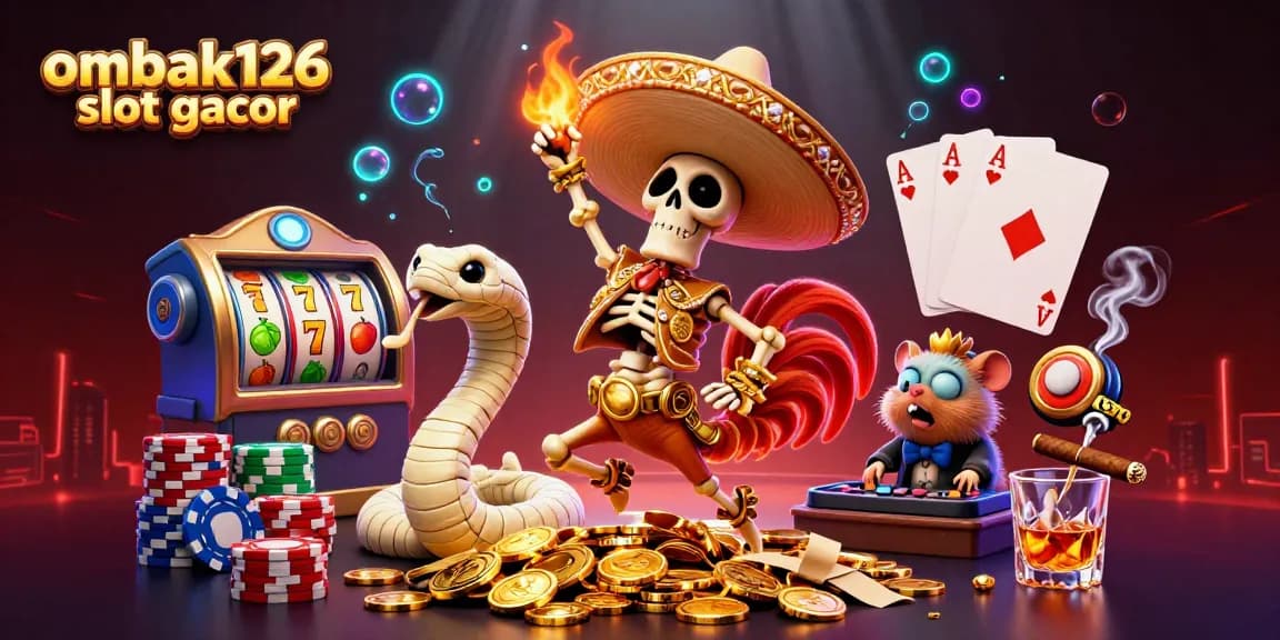Spin ombak126 slot gacor reels with a mariachi rooster, mummy snake, and DJ hamster in a vibrant casino scene.