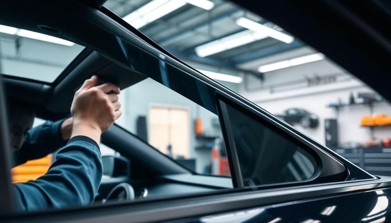 Applying ceramic window tint to enhance vehicle aesthetics and comfort.