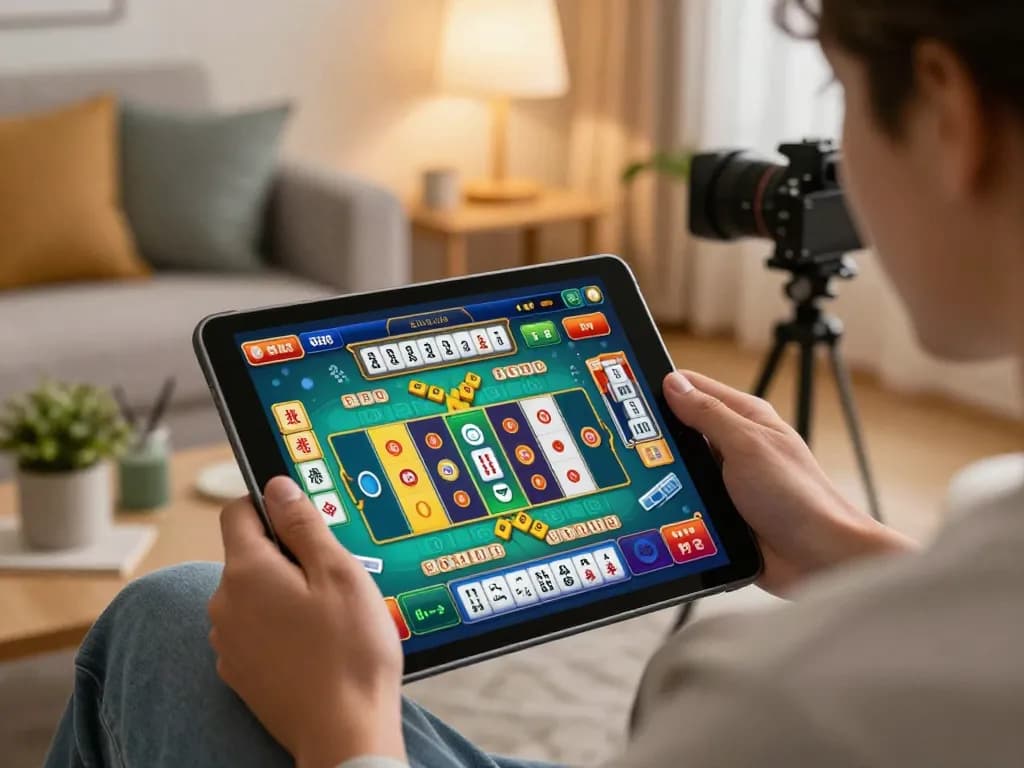 Engage in Mahjong Slot gameplay on a tablet in a cozy living room setting, balancing strategy and entertainment.
