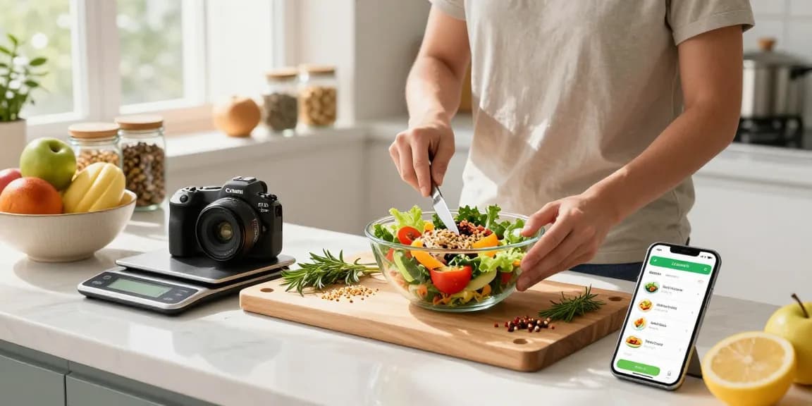 Engaging kitchen scene with best food tracker app on smartphone and fresh salad preparation, highlighting healthy cooking.