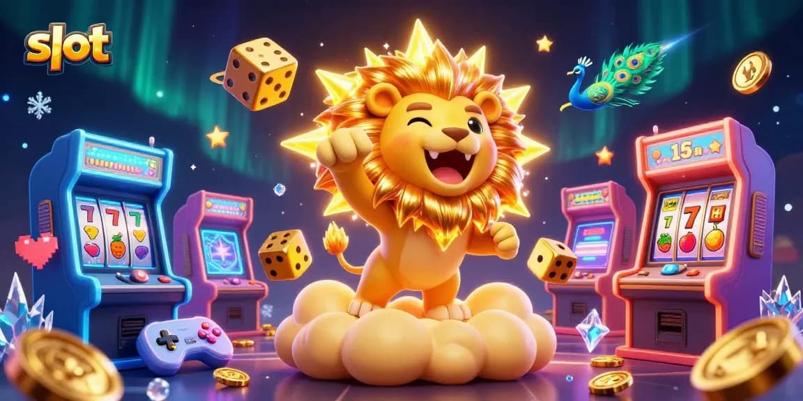 Spin vibrant slot reels with a roaring lion, golden dice, and peacock in a cosmic scene.