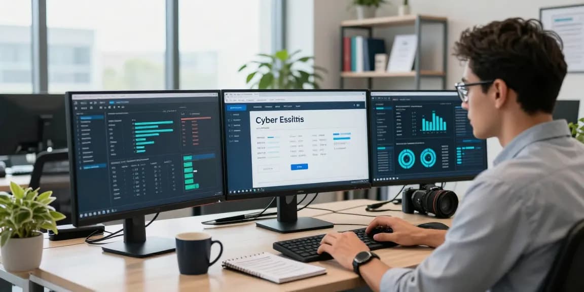 Cyber Essentials certification review in a professional office environment with compliance metrics displayed.