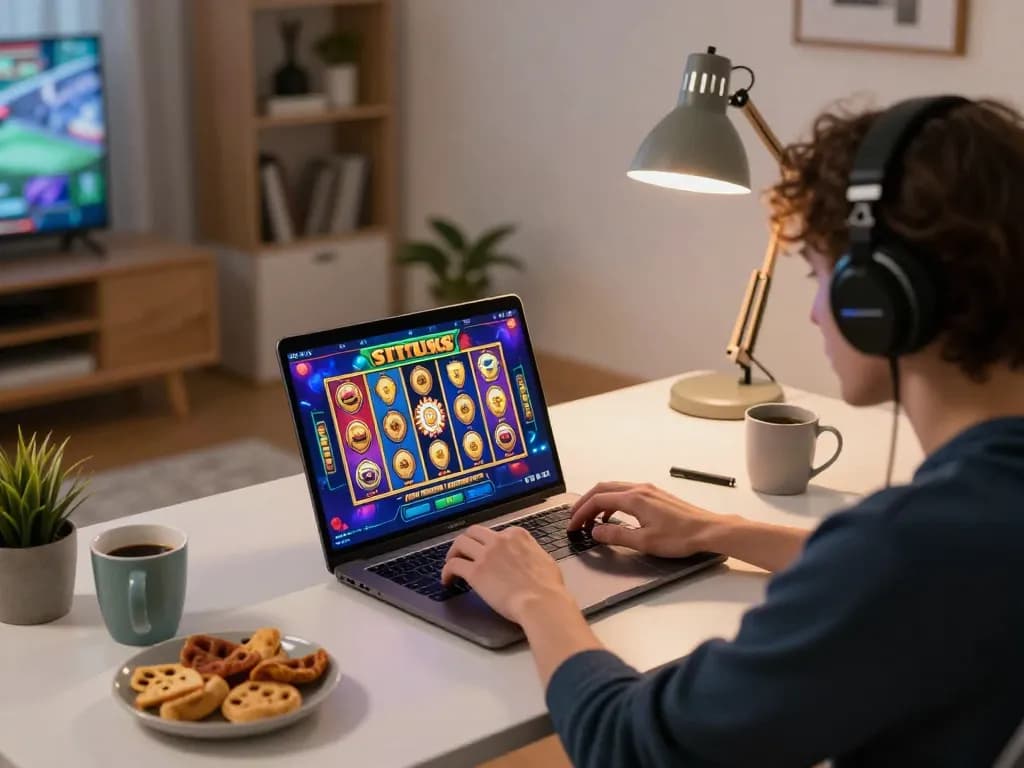 Engaged player enjoying situs slot gameplay on a laptop in a cozy home gaming setup