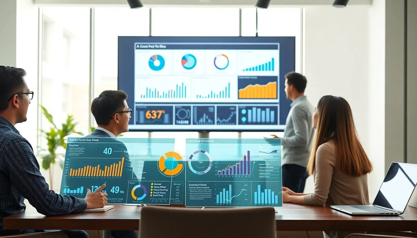 Analyze data using AI for competitor analysis in a modern office with dynamic displays.