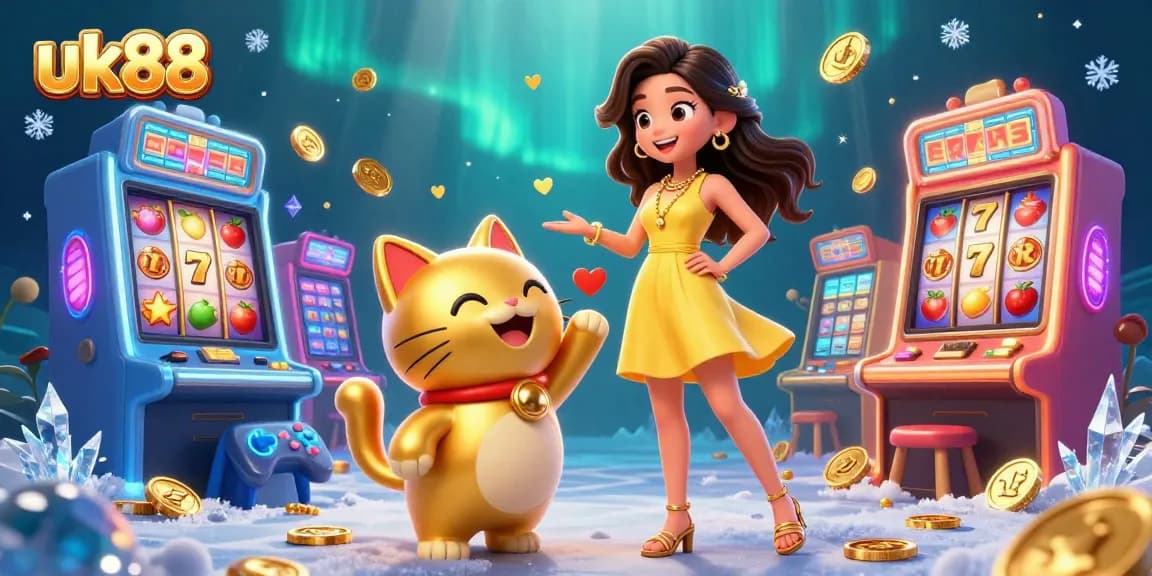 Enjoying slots at uk88 with golden lucky cat and cheerful player amidst coins and confetti