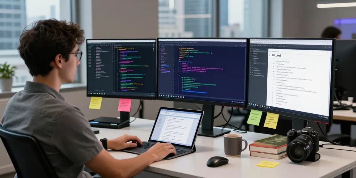Professional developer working on openclaw ai project in a modern tech workspace with coding screens and collaborative materials.