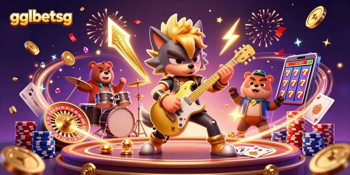 gglbetsg showcases an electrifying wolf musician performing in a vibrant casino scene.