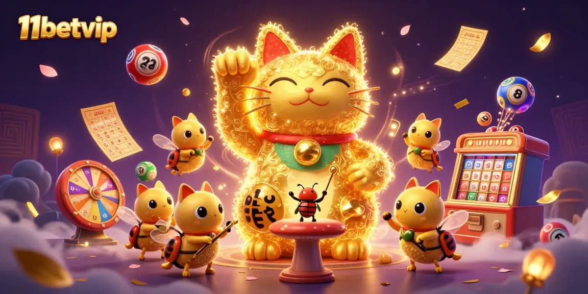 Engage with the vibrant 11betvip lottery scene featuring lively fireflies and casino elements.