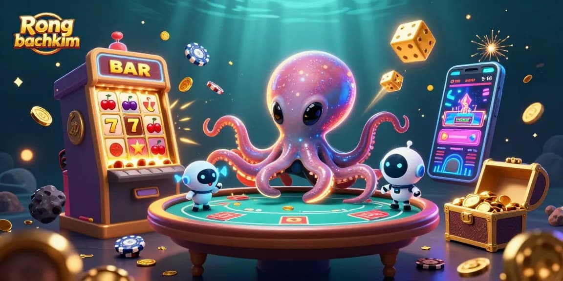 Engage with exciting Rong bachkim lottery gameplay alongside a 3D cartoon alien octopus and robot!
