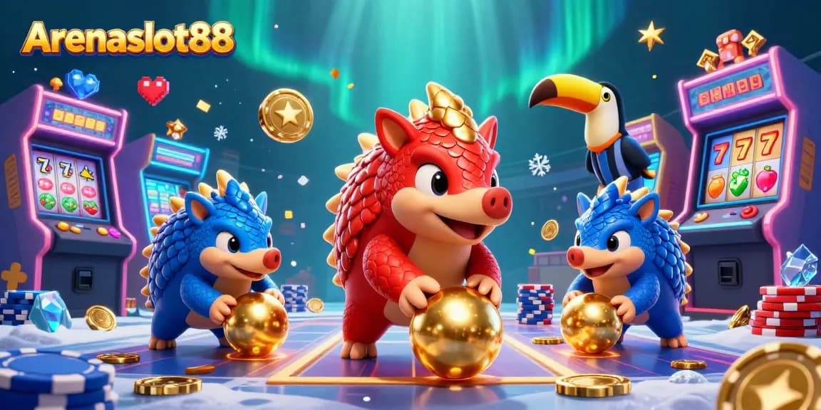 Arenaslot88 menghadirkan ilustrasi kasino interaktif dengan pangolin yang bersaing dan banyak elemen permainan.
