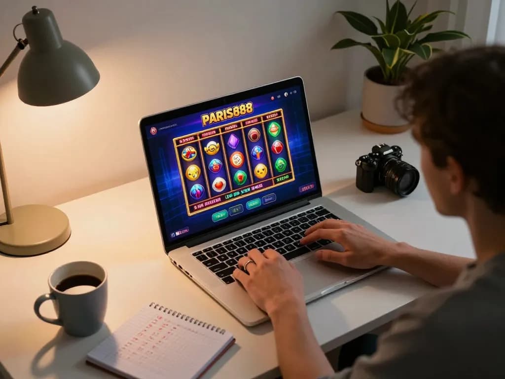Engaging in thrilling online gaming at Paris888 platform, showcasing vibrant slot machinery in action.