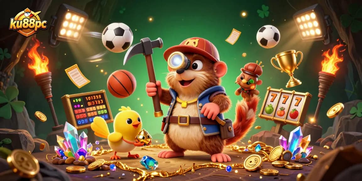 ku88pc showcases a treasure hunter mole and canary in a vibrant casino scene filled with sports elements.