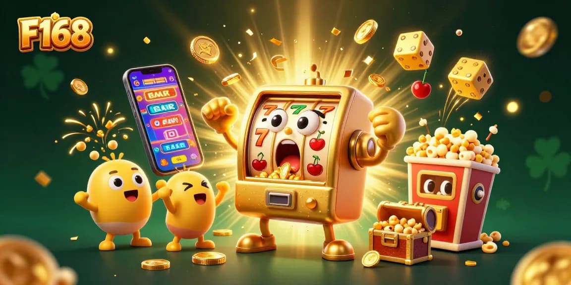 F168 engages players by hitting jackpots; golden slot machines celebrate amidst dollar coins, vibrant casino atmosphere.