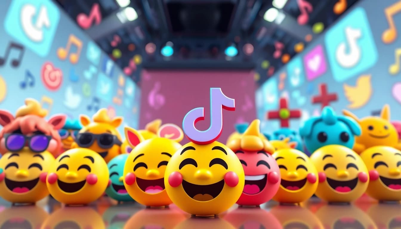 Showcase various tiktok emojis in an animated digital scene filled with vibrant colors.