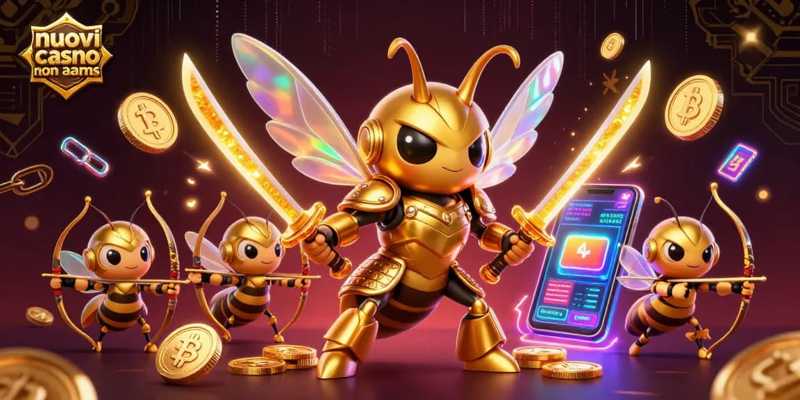 Illustra i nuovi casino non AAMS con un'ape guerriera e monete criptate in un prato semplice e luminoso.