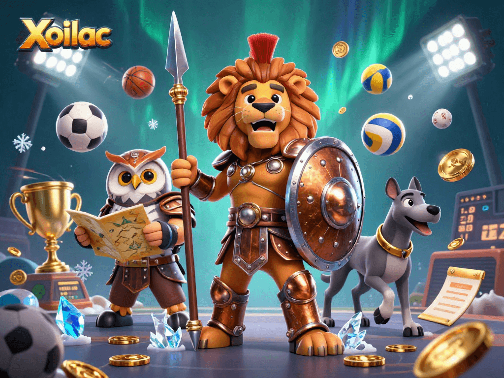 Xoilac offers thrilling sports betting action with a heroic lion, wise owl, and swift greyhound in a dynamic scene.
