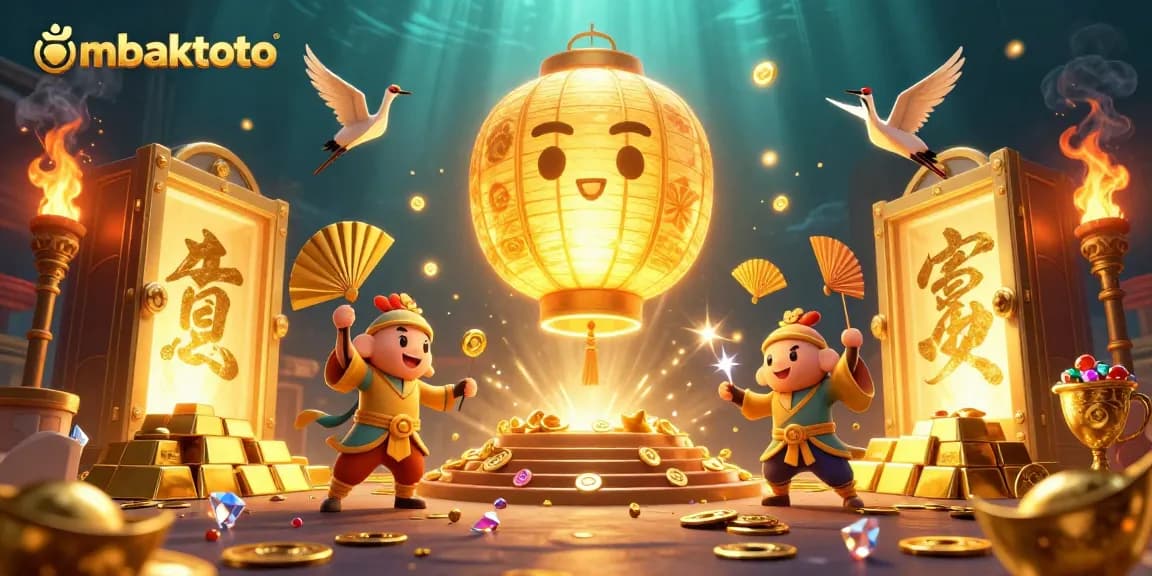 Engage in thrilling play at ombaktoto's vibrant casino scene with golden elements and lively characters.