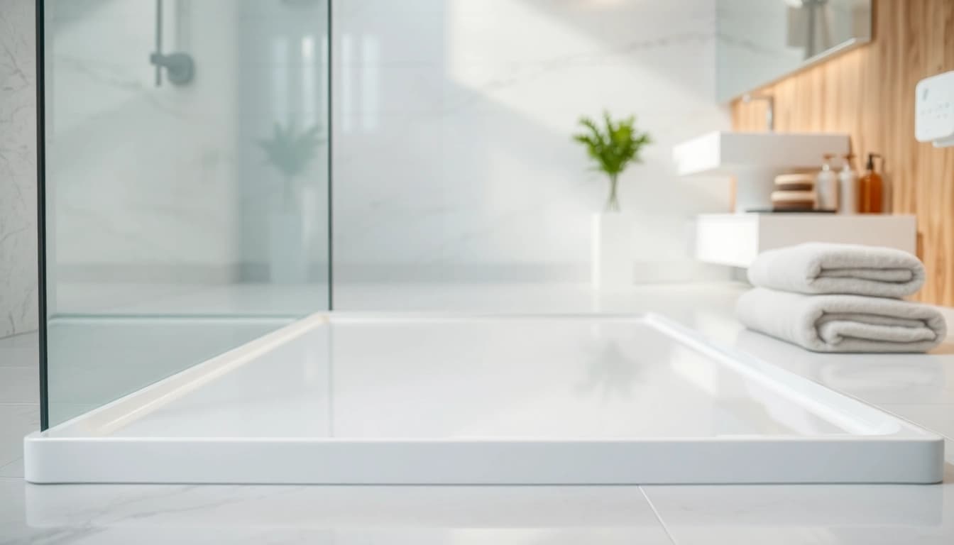 Installing a stylish shower base in a modern bathroom with sleek features and bright lighting.