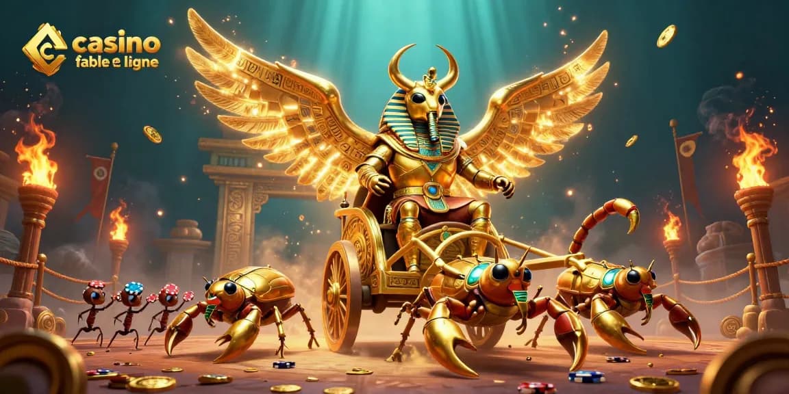 Illustration dynamique d'un casino fiable en ligne avec scarabée doré et éléments de jeu attrayants.