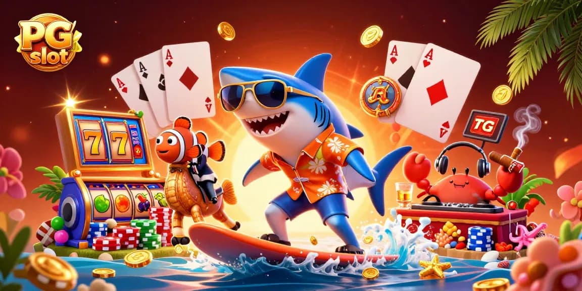 Exciting PG slot scene with cartoon characters surfing on gold coins amidst vibrant slot reels.