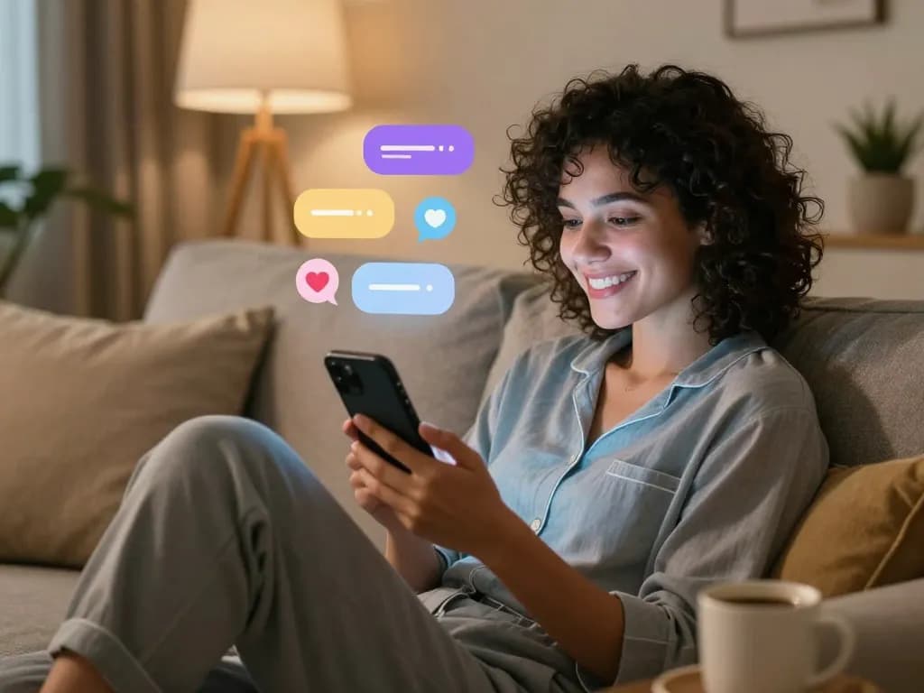 AI girlfriend chat experience in a cozy home setting with engaging digital elements.