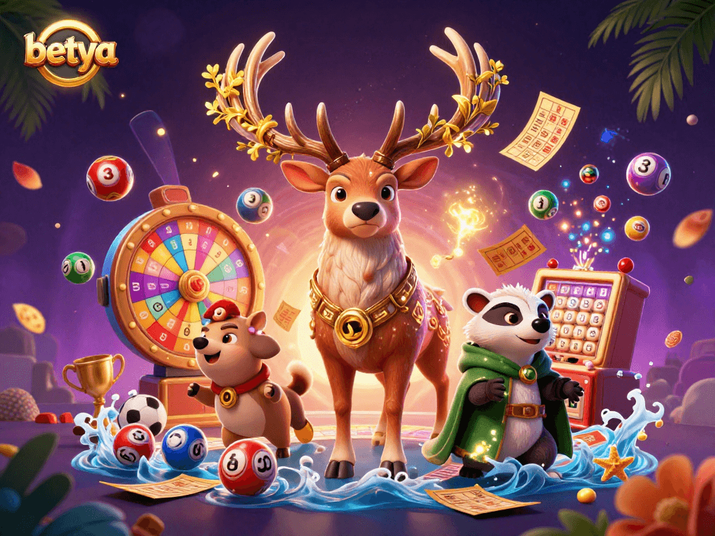 Betya's vibrant lottery scene with a druid stag, badger, and dynamic gaming elements.