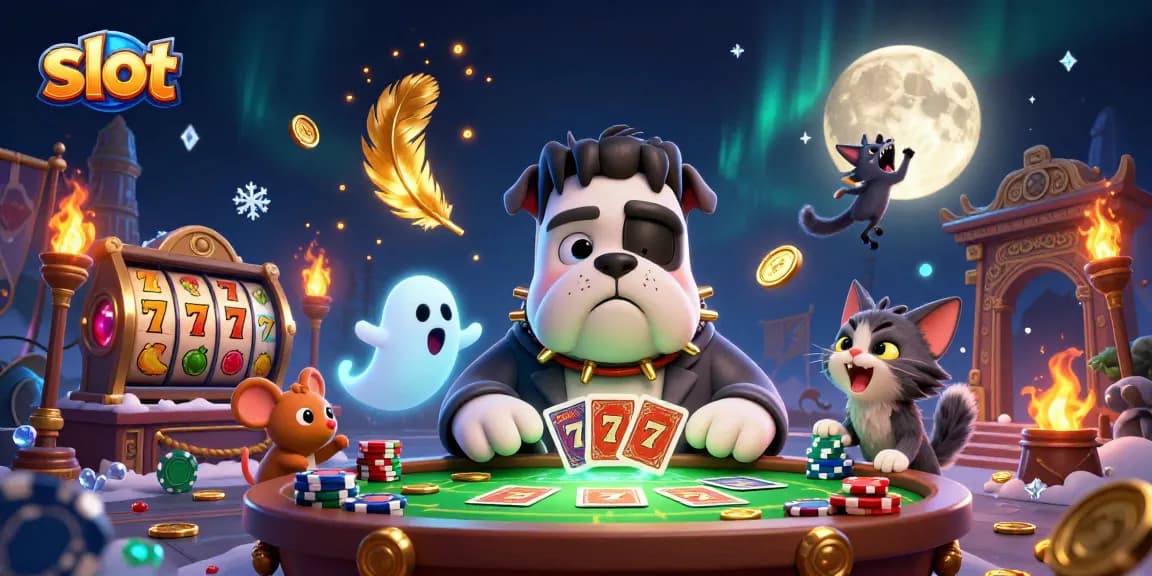 Engaging slot gaming scene with a 3D bulldog dealer and vibrant slot reels